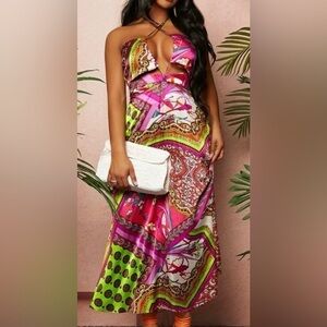 Bohemian Floral Sexy Cut Out Backless Halter Midi Dress